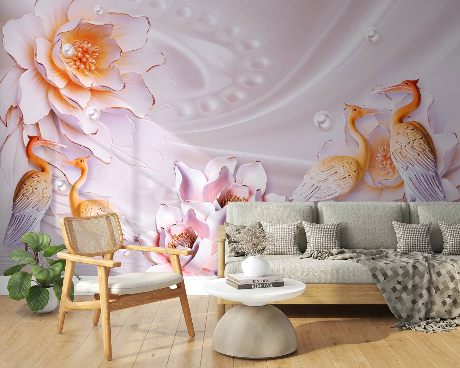 Papier peint volée d'oiseaux et roses écarlates sur soie