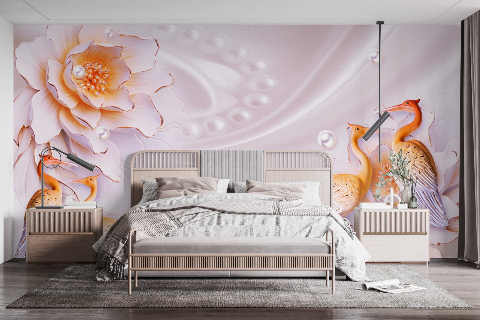 Papier peint volée d'oiseaux et roses écarlates sur soie