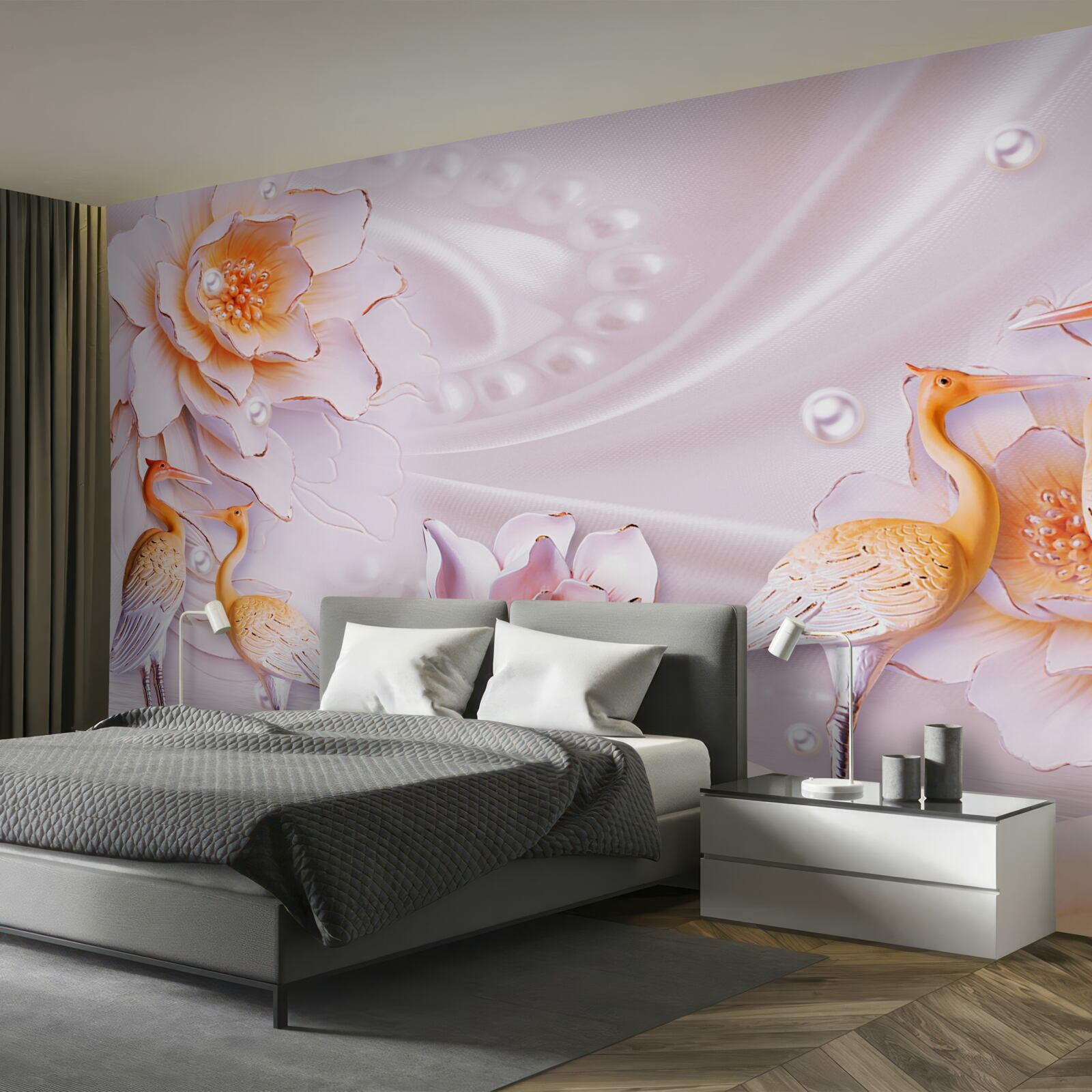 Papier peint volée d'oiseaux et roses écarlates sur soie