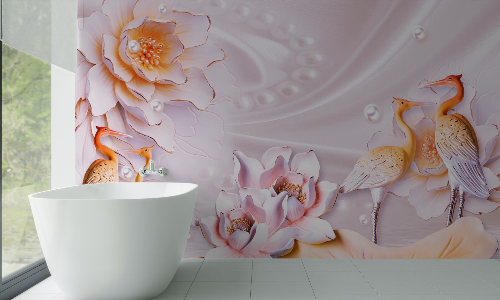 Papier peint volée d'oiseaux et roses écarlates sur soie