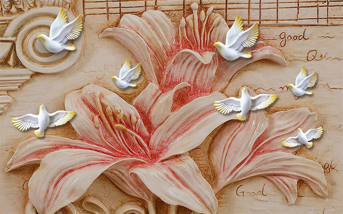 Papier peint lys roses et cygnes légers