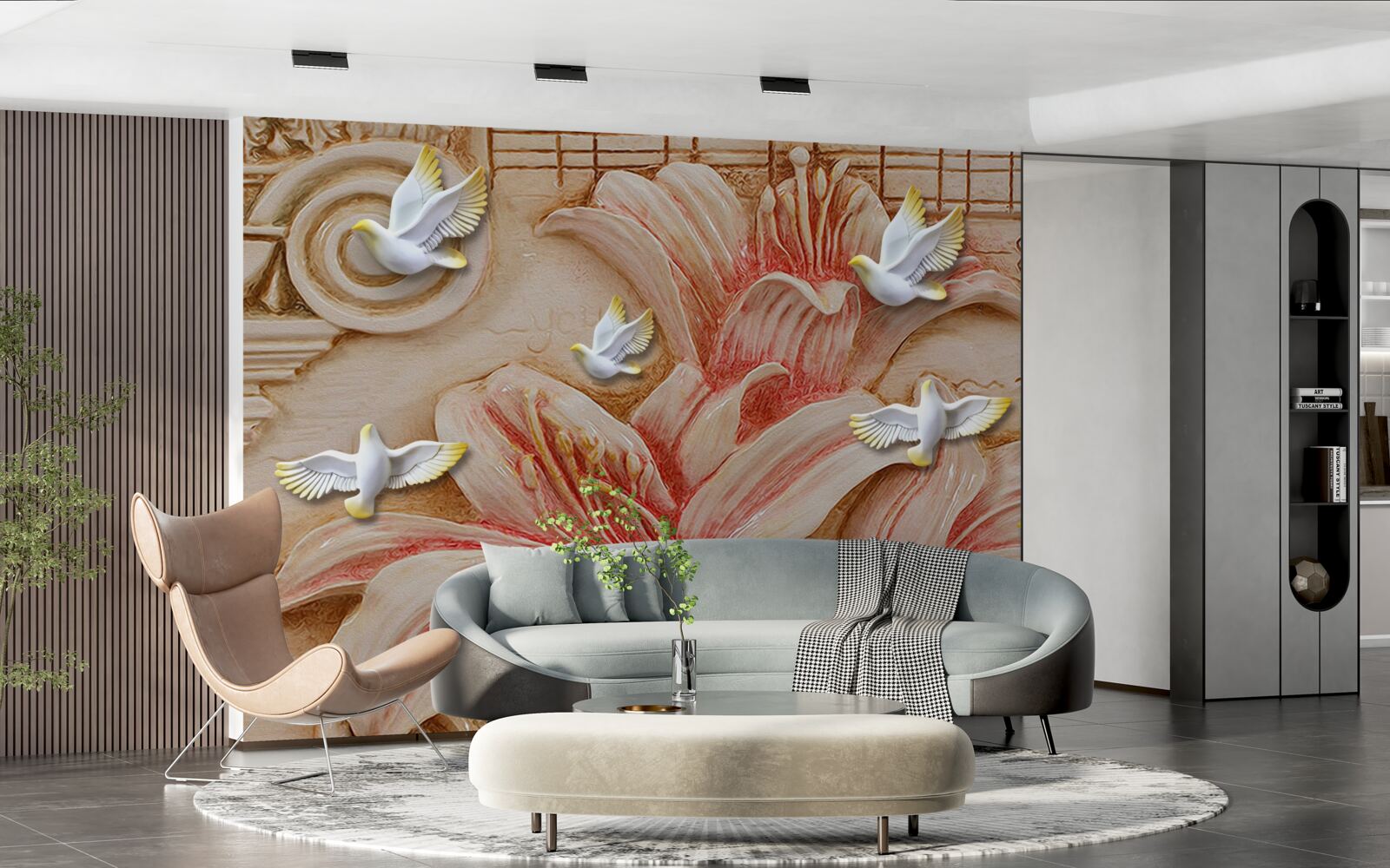 Papier peint lys roses et cygnes légers