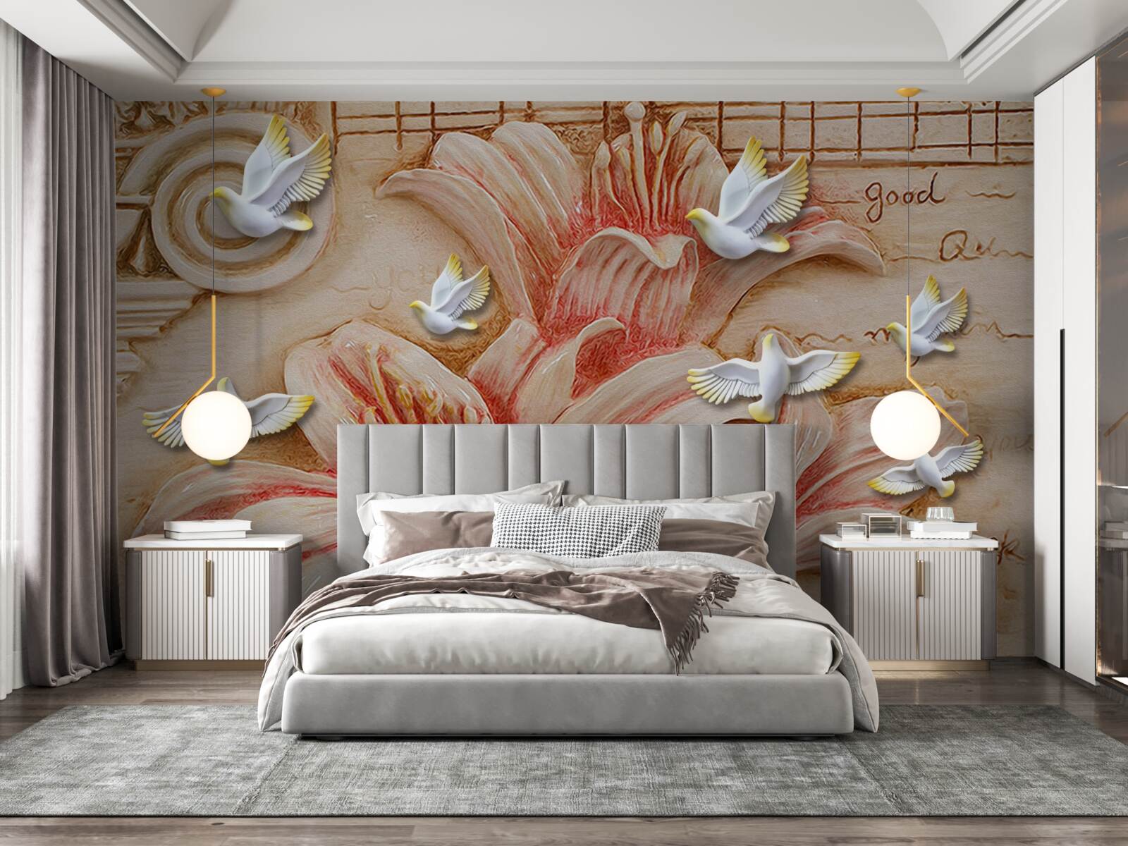 Papier peint lys roses et cygnes légers