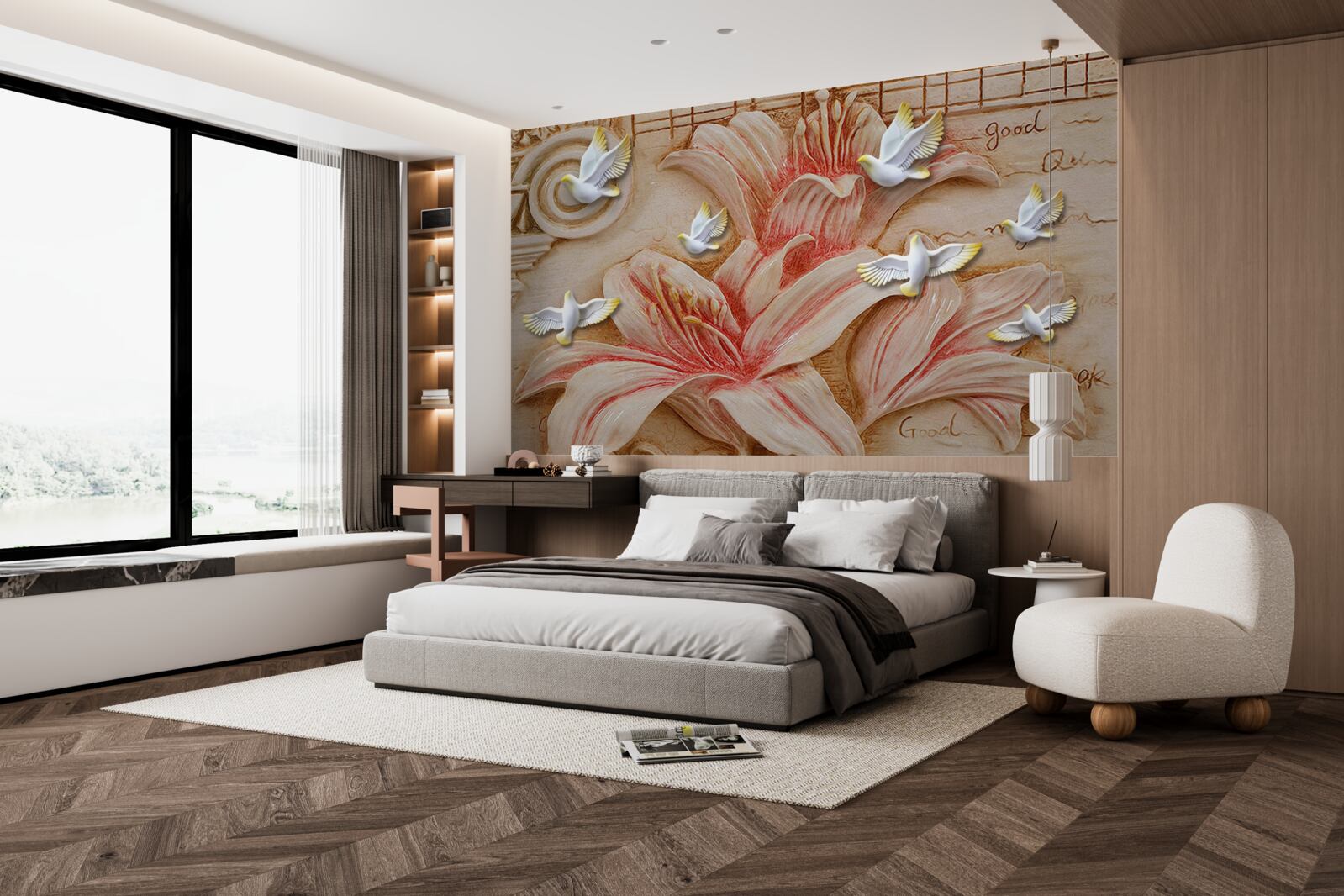 Papier peint lys roses et cygnes légers