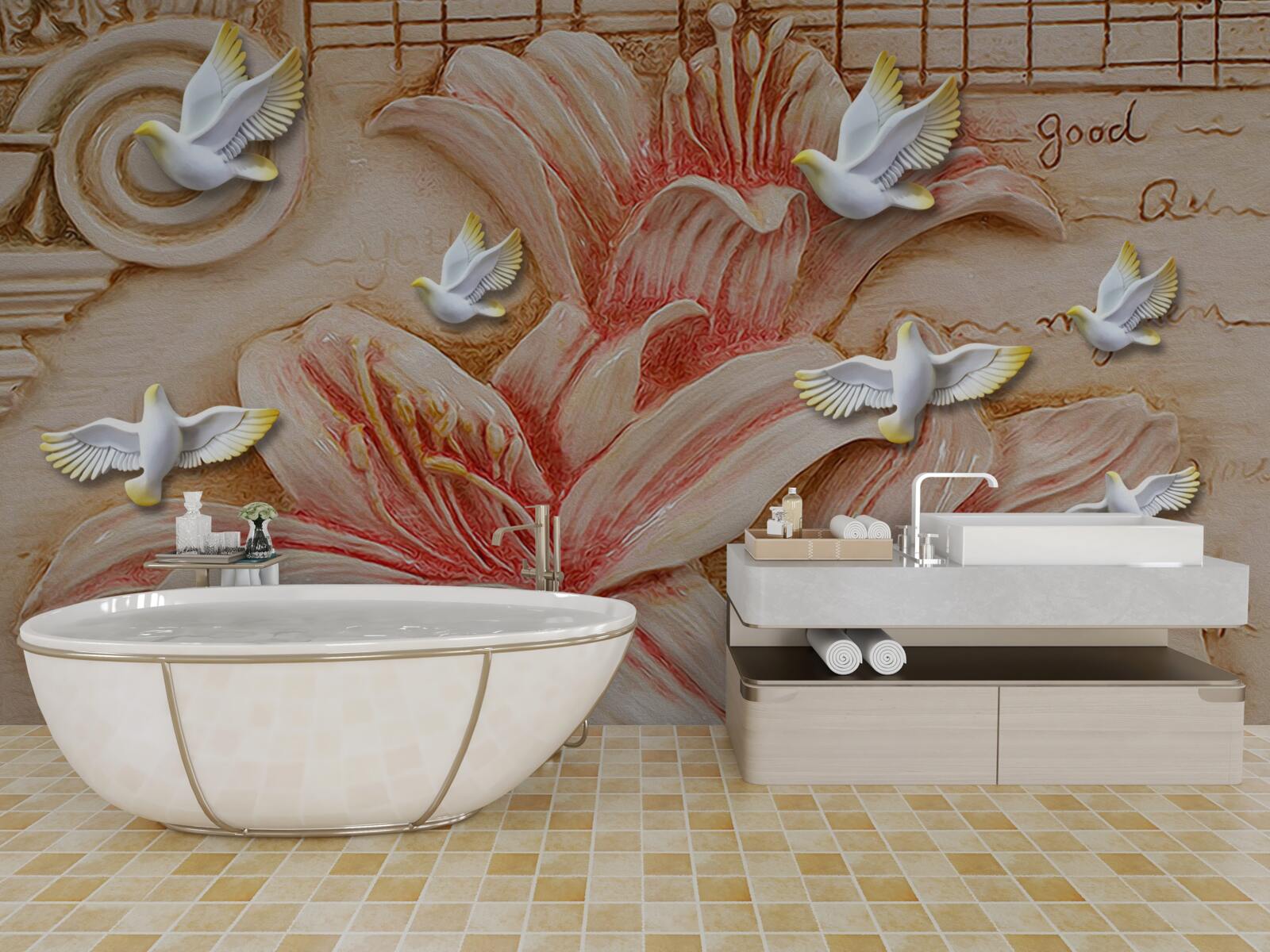 Papier peint lys roses et cygnes légers