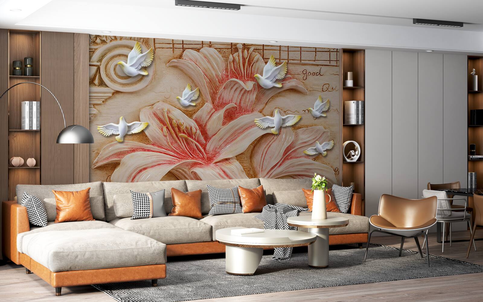 Papier peint lys roses et cygnes légers