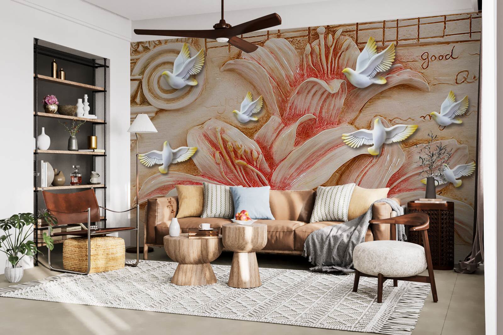 Papier peint lys roses et cygnes légers