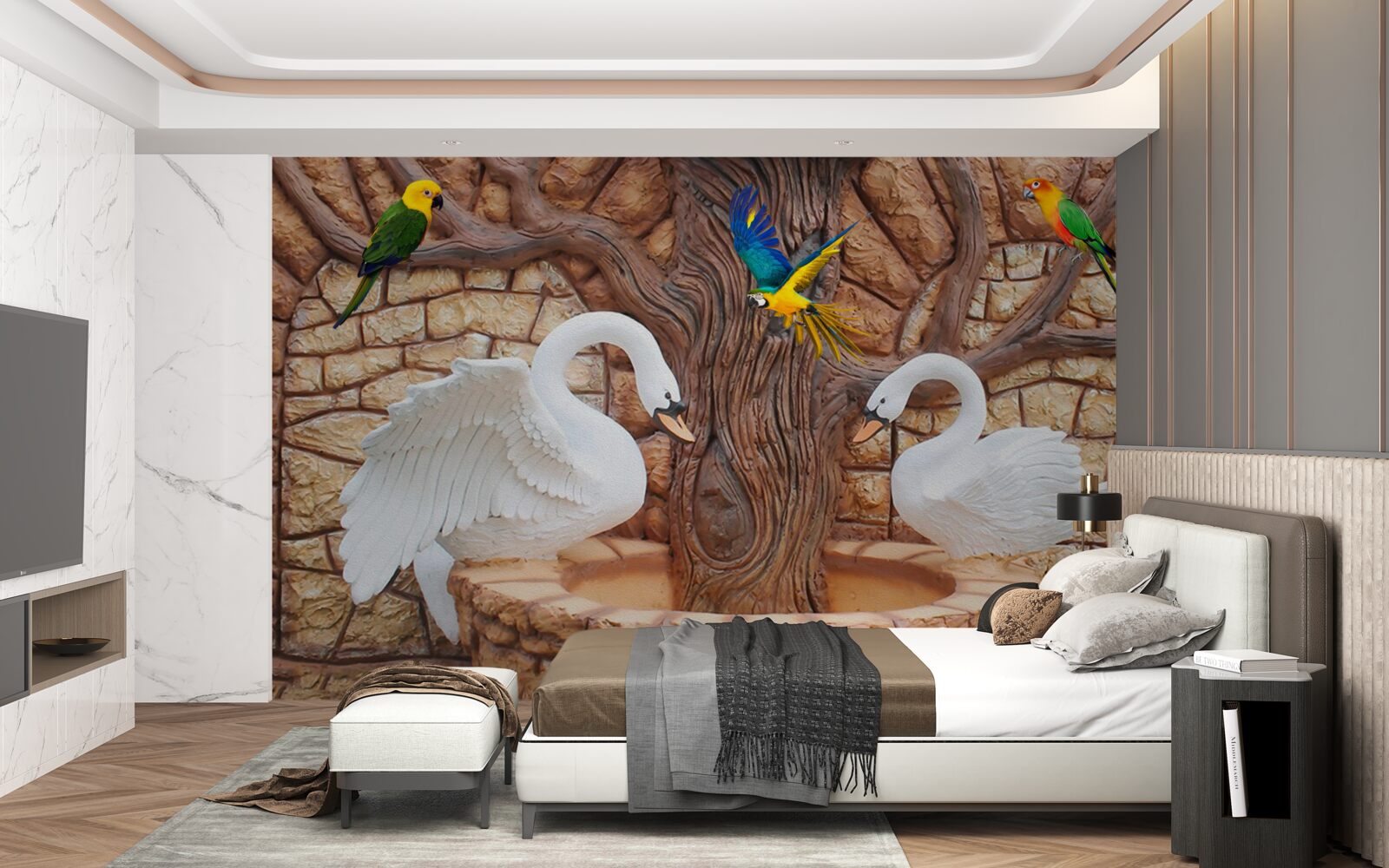 Papier peint deux cygnes près d'un étang