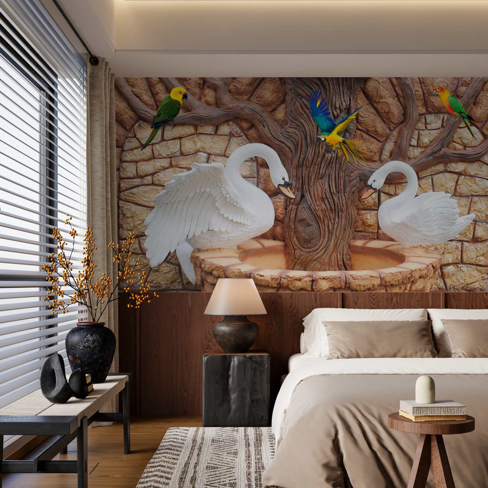 Papier peint deux cygnes près d'un étang