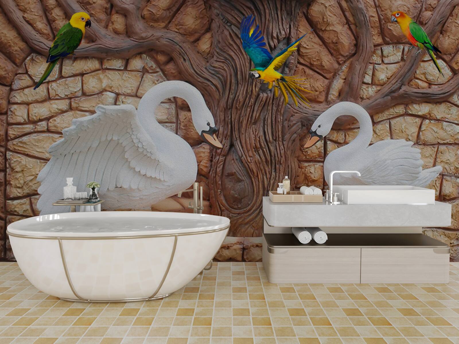 Papier peint deux cygnes près d'un étang