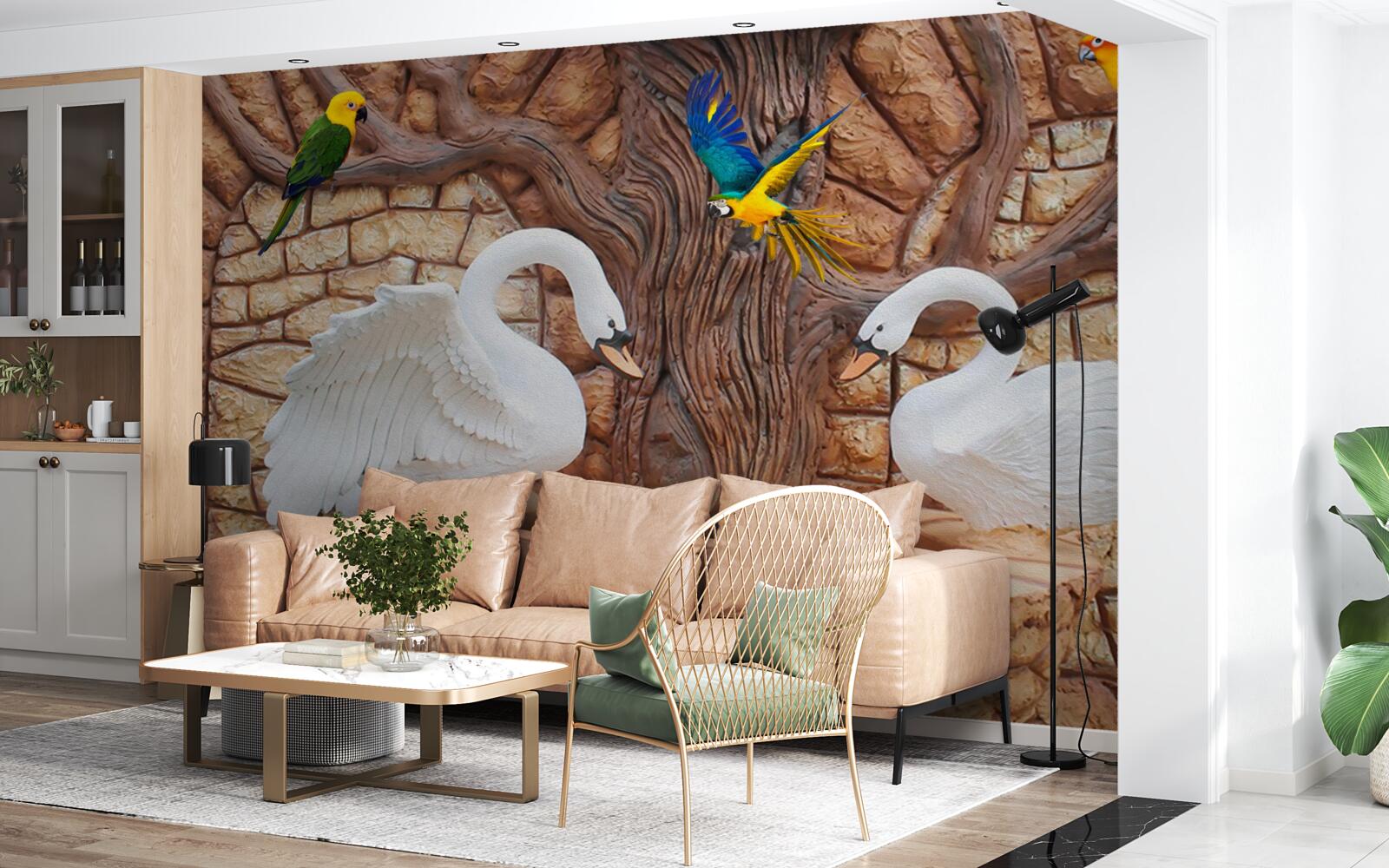 Papier peint deux cygnes près d'un étang