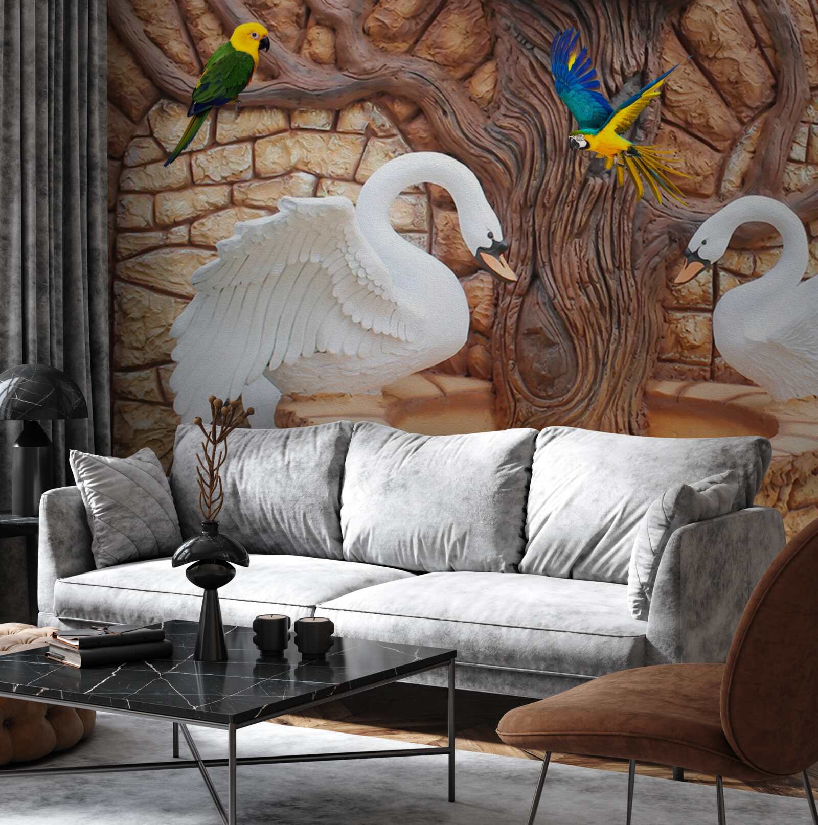 Papier peint deux cygnes près d'un étang