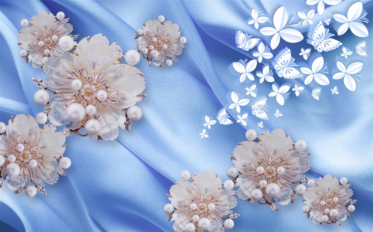 Papier peint papillons et fleurs blancs sur soie bleue