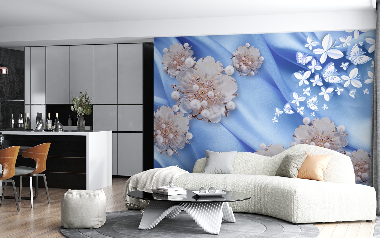 Papier peint papillons et fleurs blancs sur soie bleue