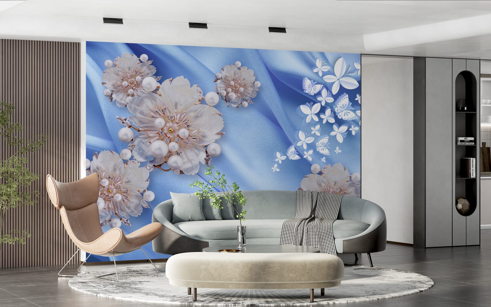 Papier peint papillons et fleurs blancs sur soie bleue