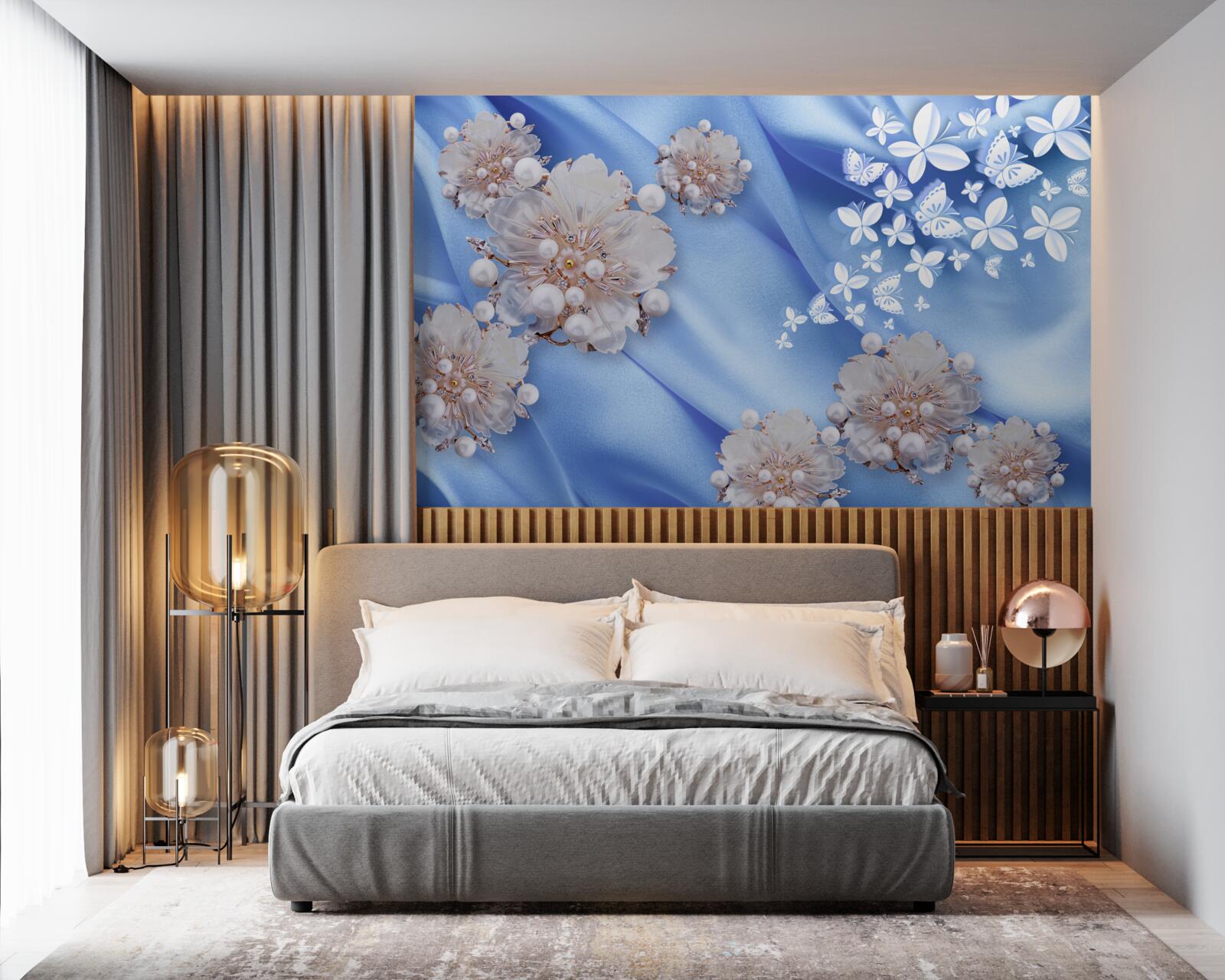 Papier peint papillons et fleurs blancs sur soie bleue