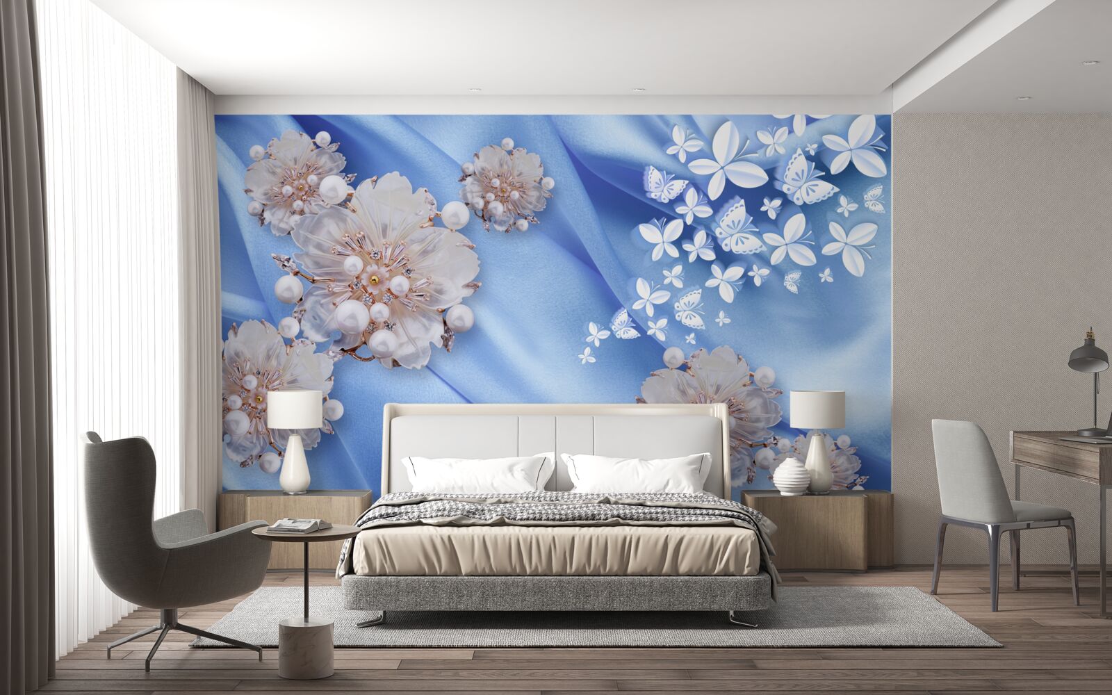 Papier peint papillons et fleurs blancs sur soie bleue