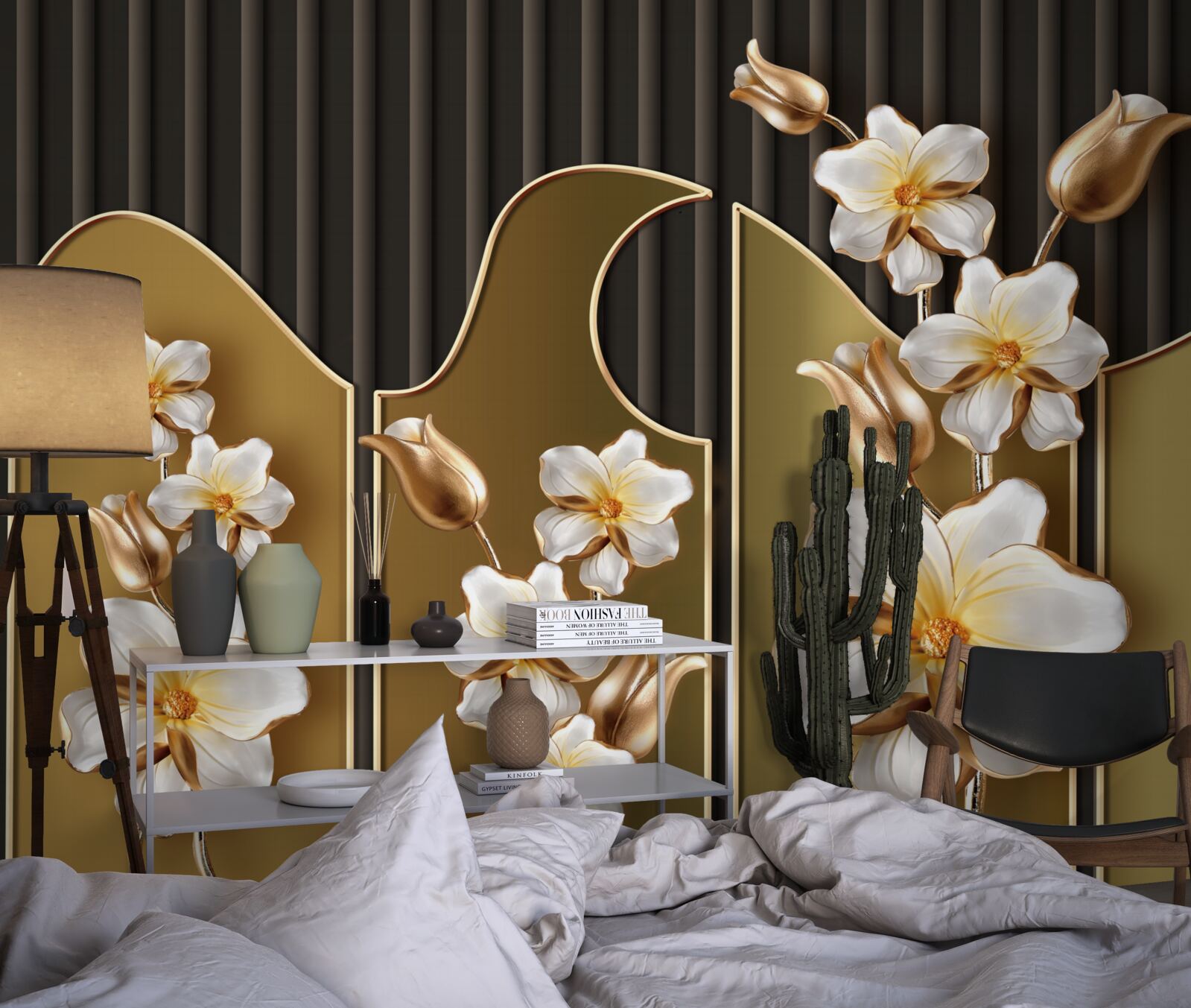 Papier peint Jacinthes blanches sur fond d'or