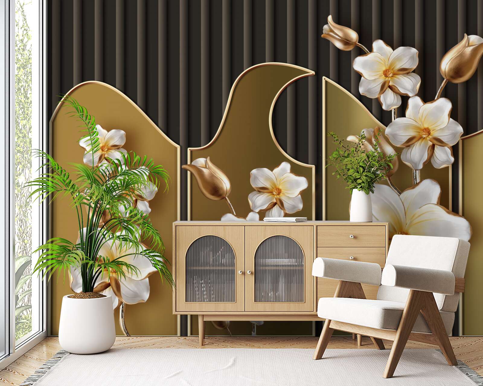 Papier peint Jacinthes blanches sur fond d'or