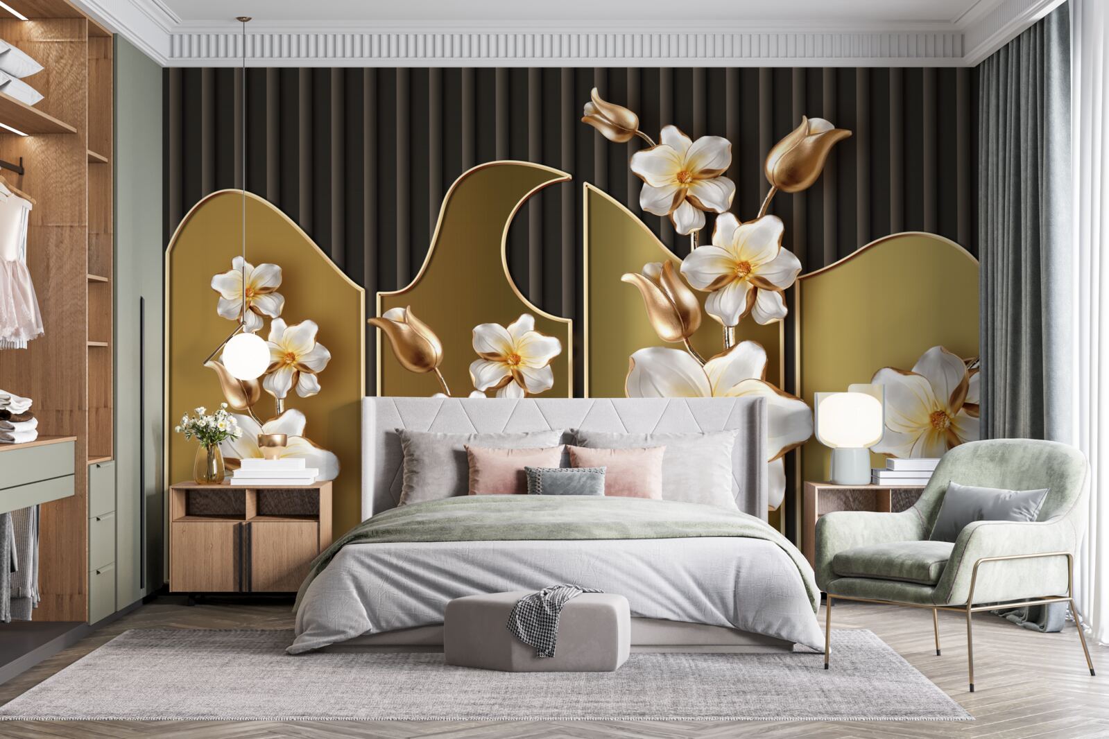 Papier peint Jacinthes blanches sur fond d'or