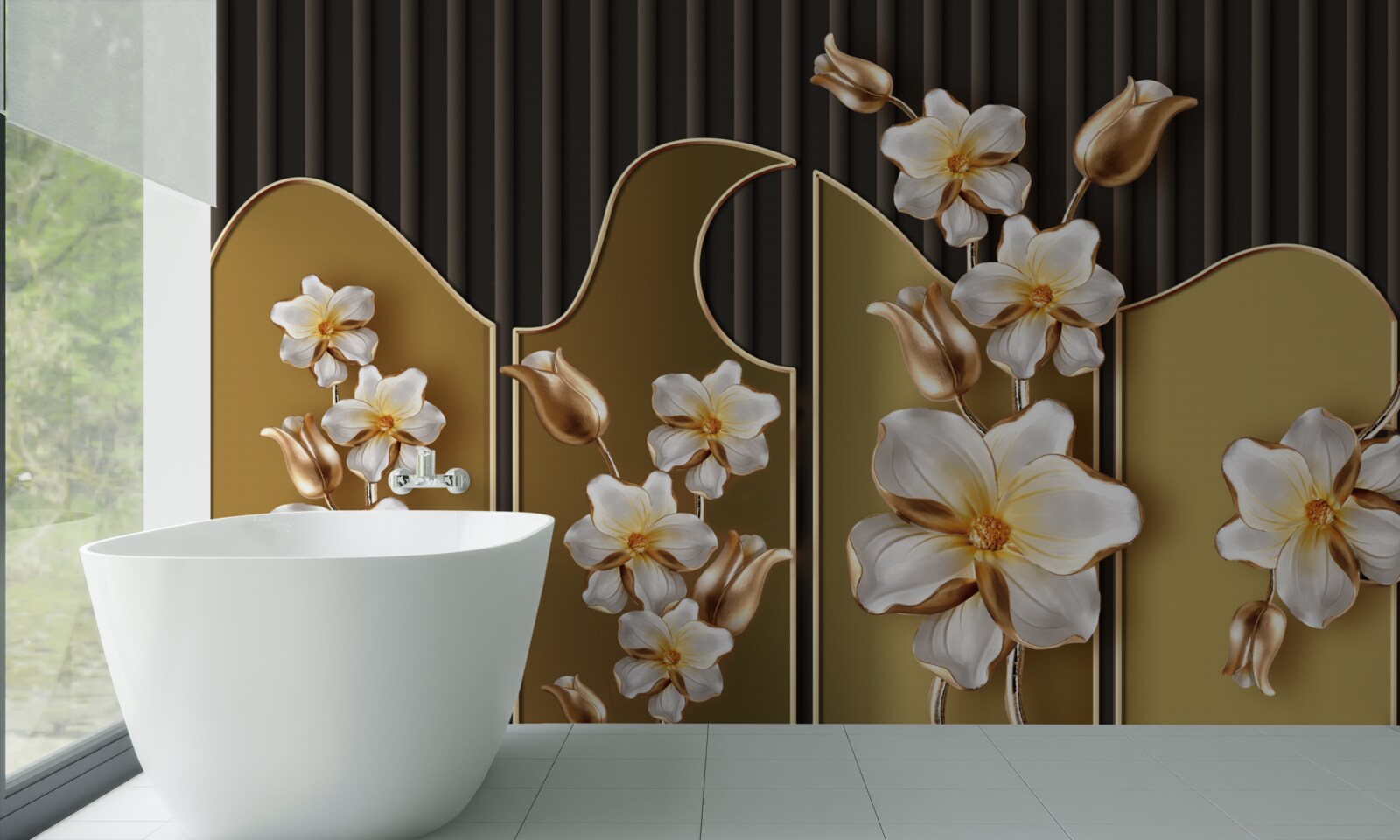 Papier peint Jacinthes blanches sur fond d'or