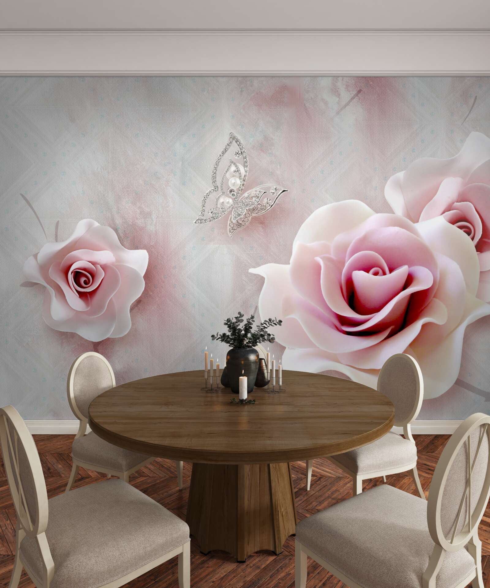 Papier peint papillons et boutons de rose