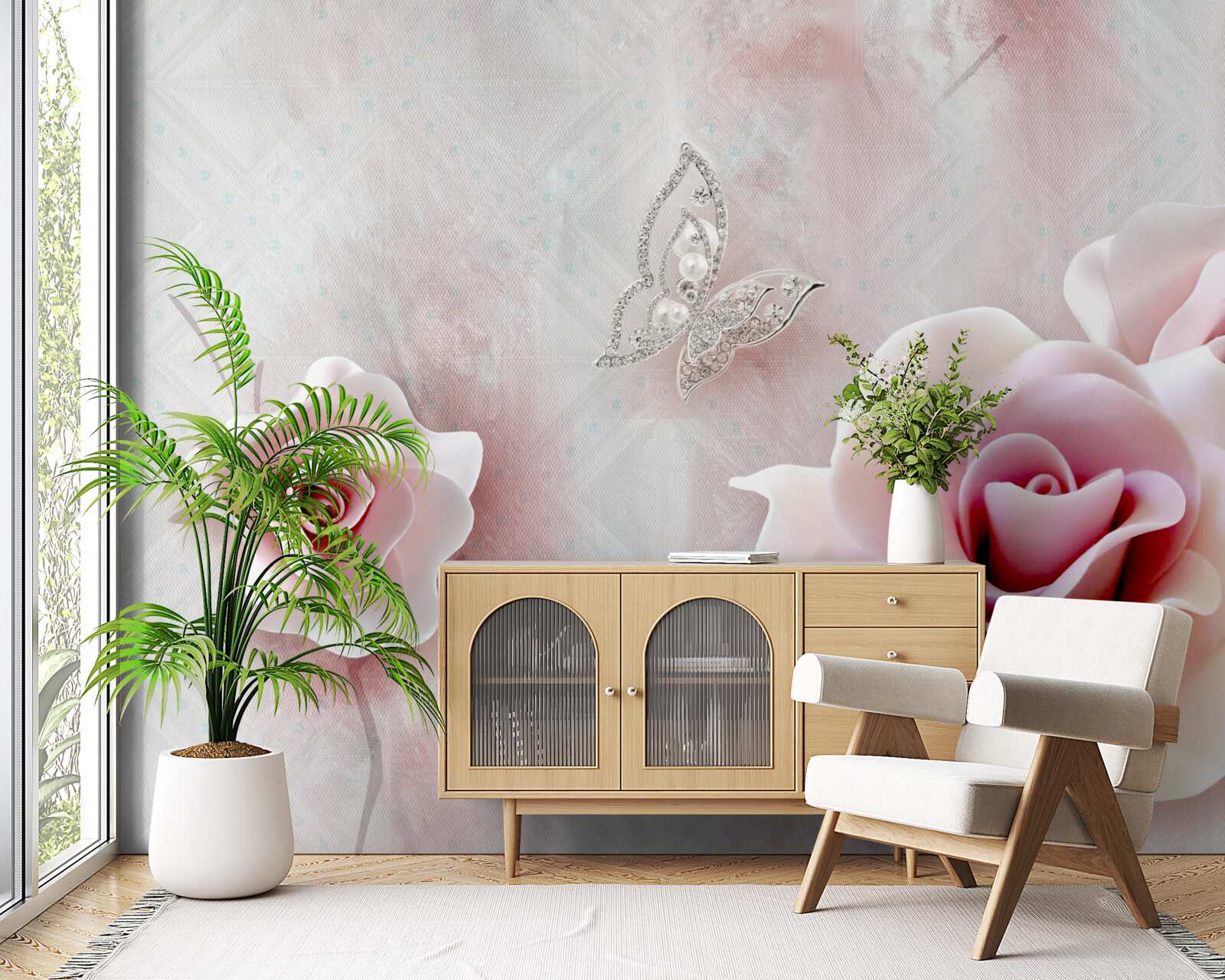 Papier peint papillons et boutons de rose