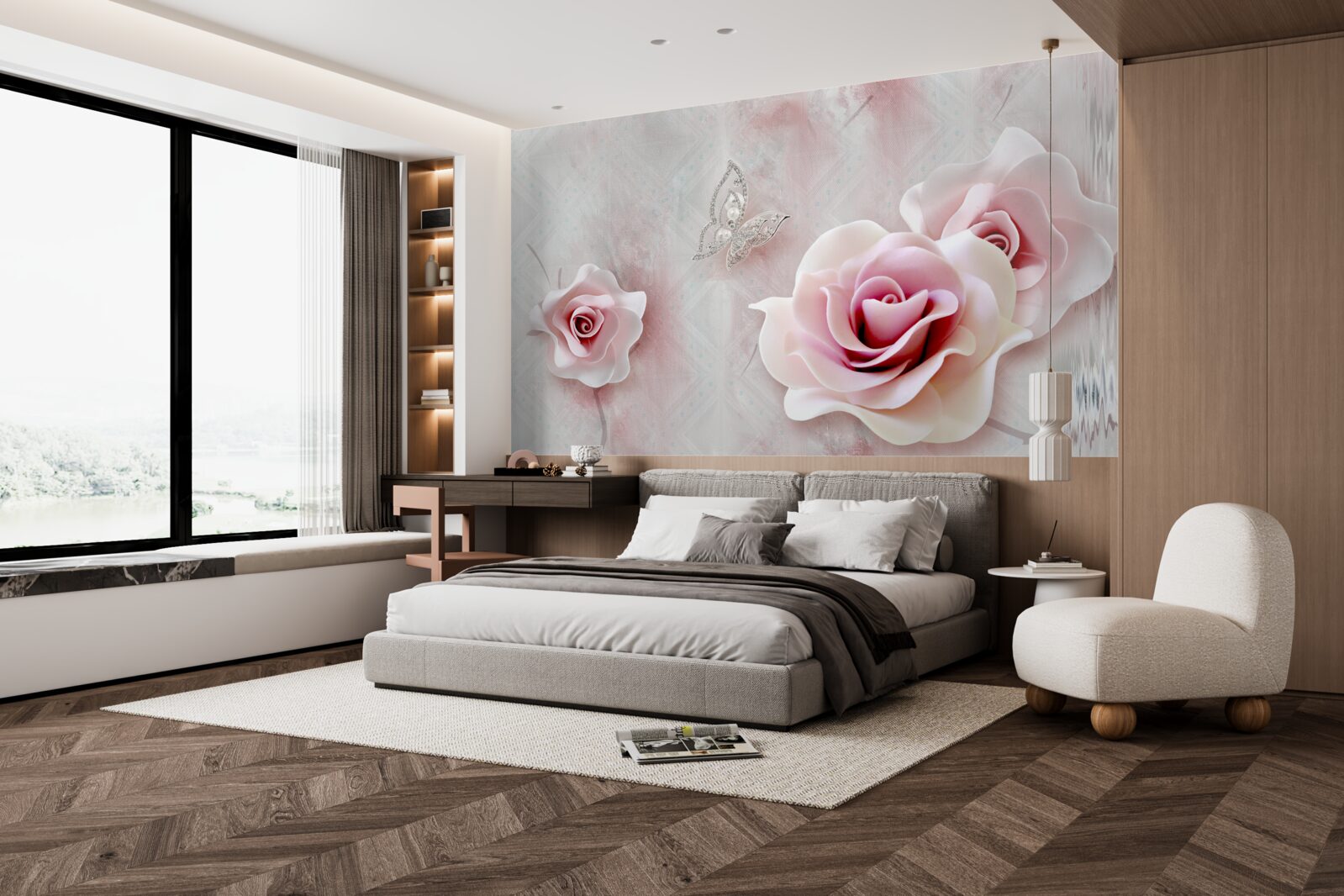 Papier peint papillons et boutons de rose