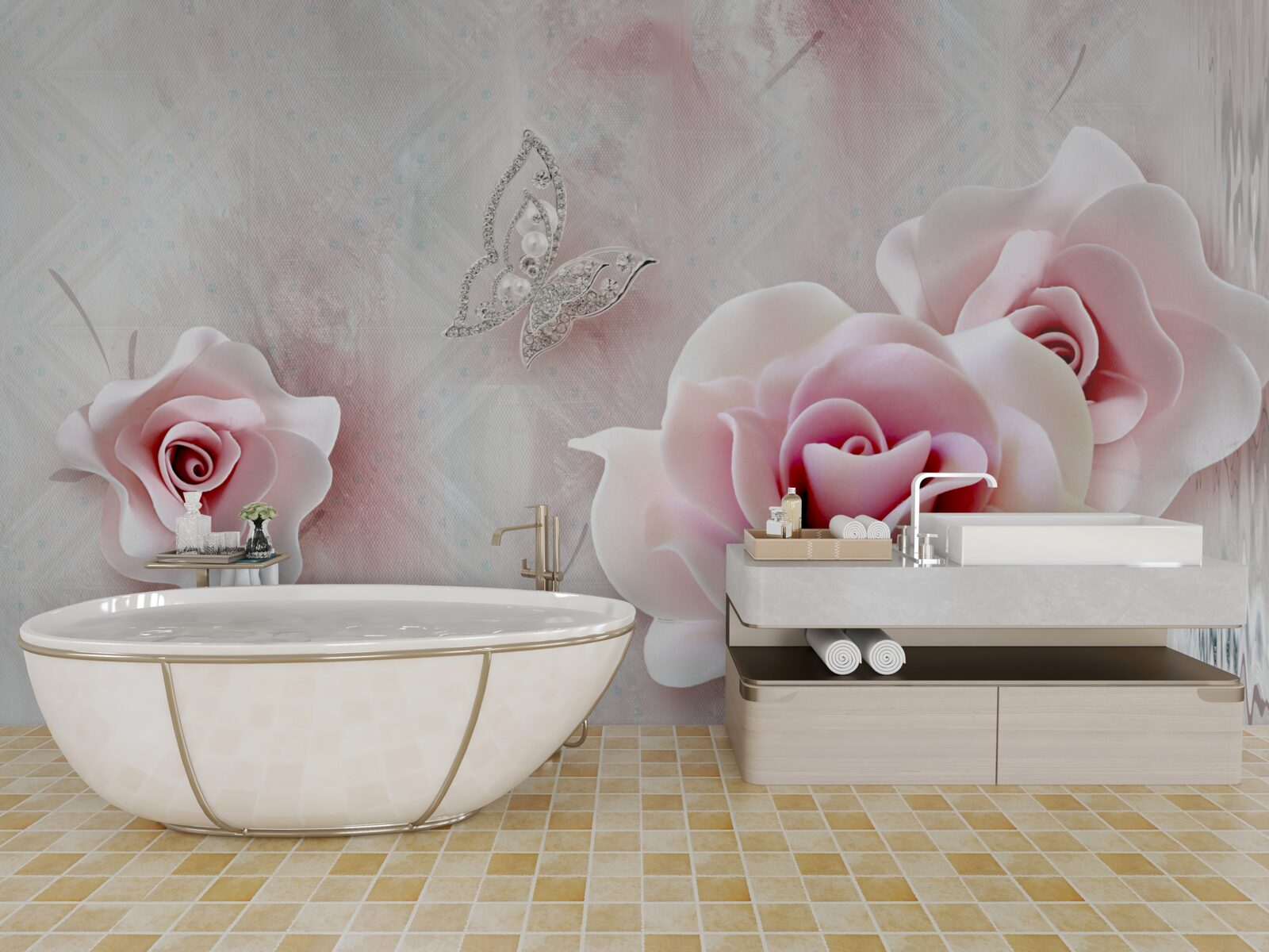 Papier peint papillons et boutons de rose