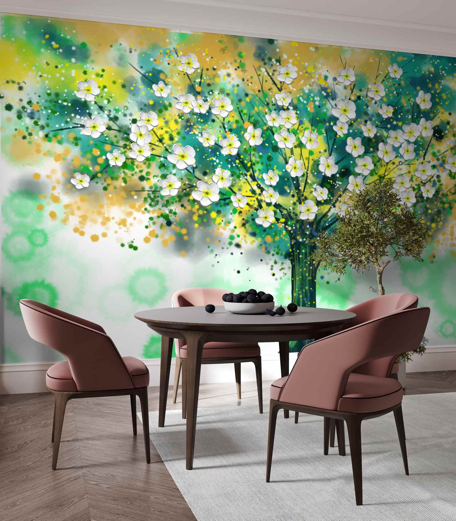 Papier peint fleurs de différentes teintes sur un arbre à fleurs