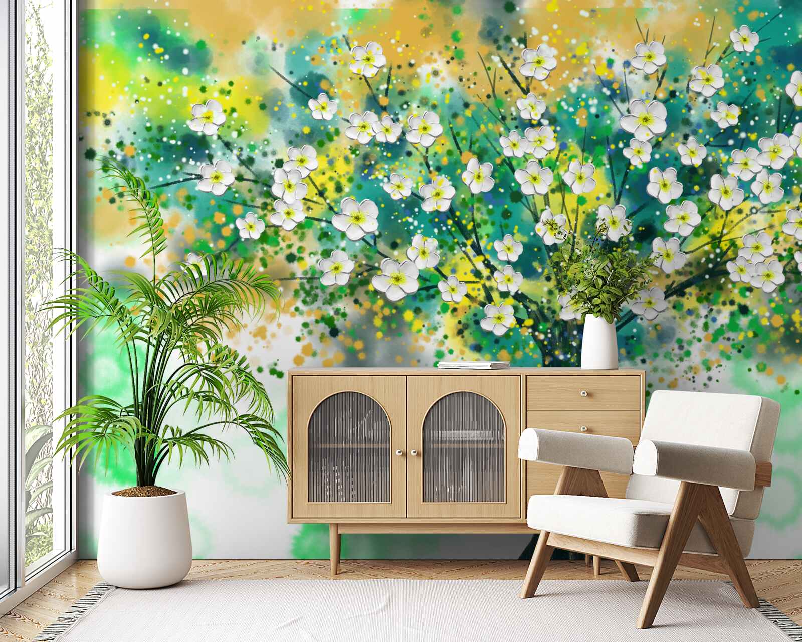 Papier peint fleurs de différentes teintes sur un arbre à fleurs