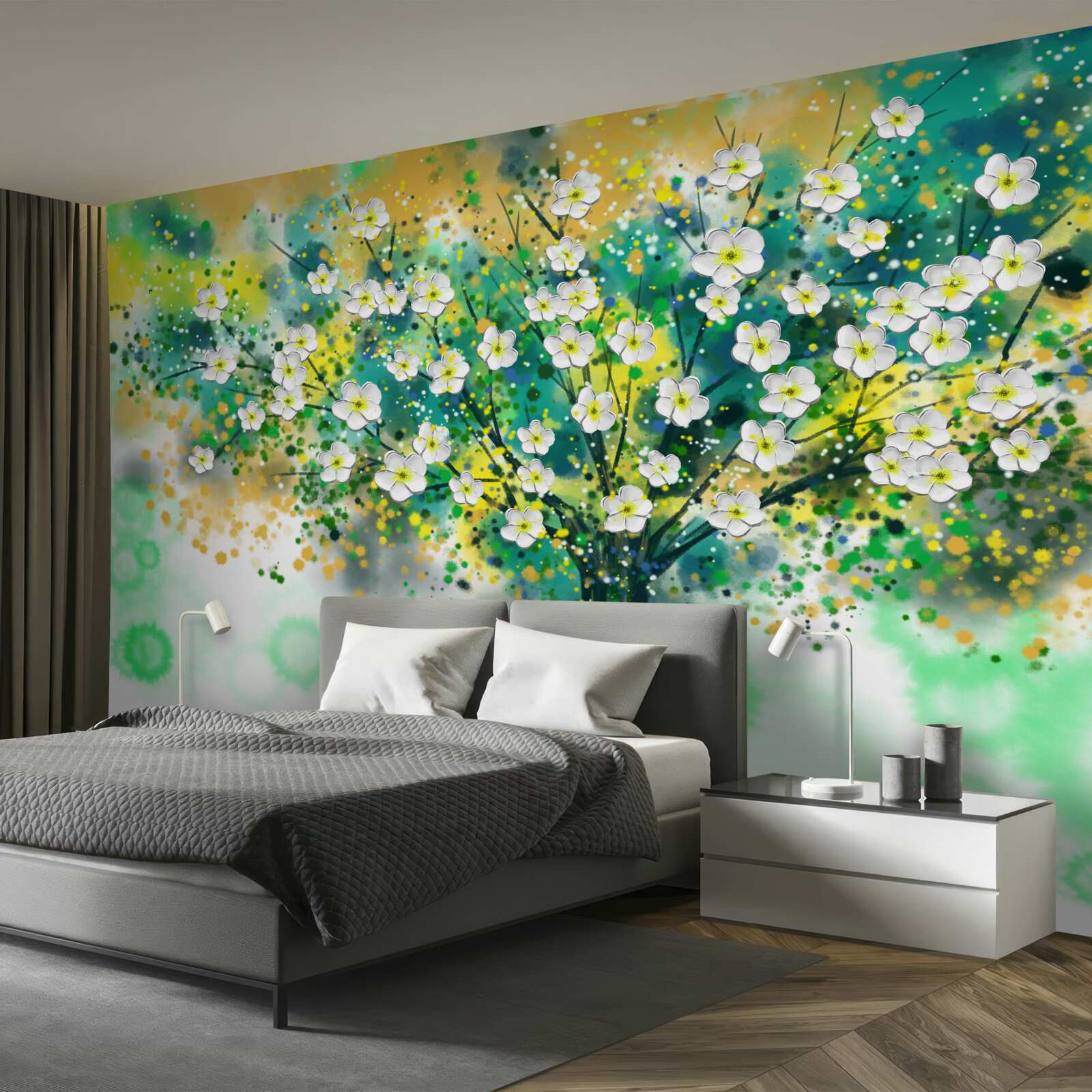 Papier peint fleurs de différentes teintes sur un arbre à fleurs