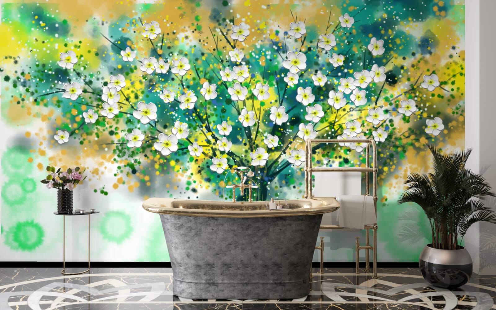 Papier peint fleurs de différentes teintes sur un arbre à fleurs