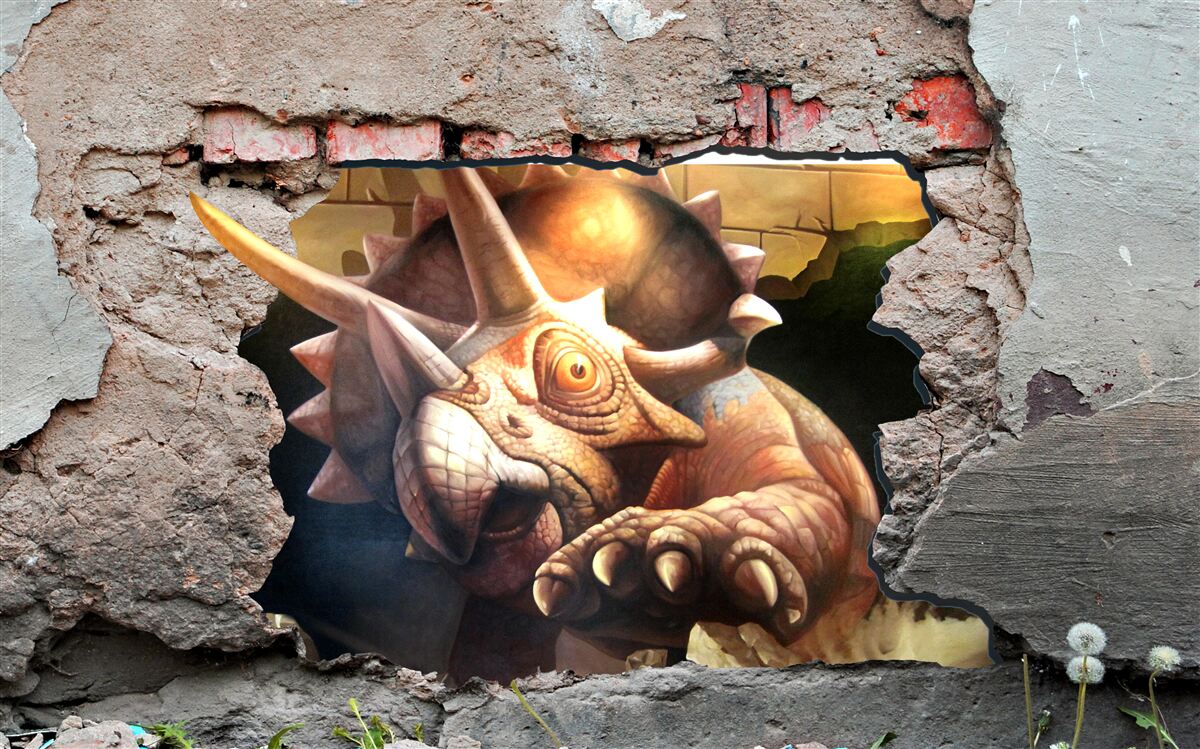 Papier peint Le dinosaure surmonte l'obstacle d'un mur de pierre