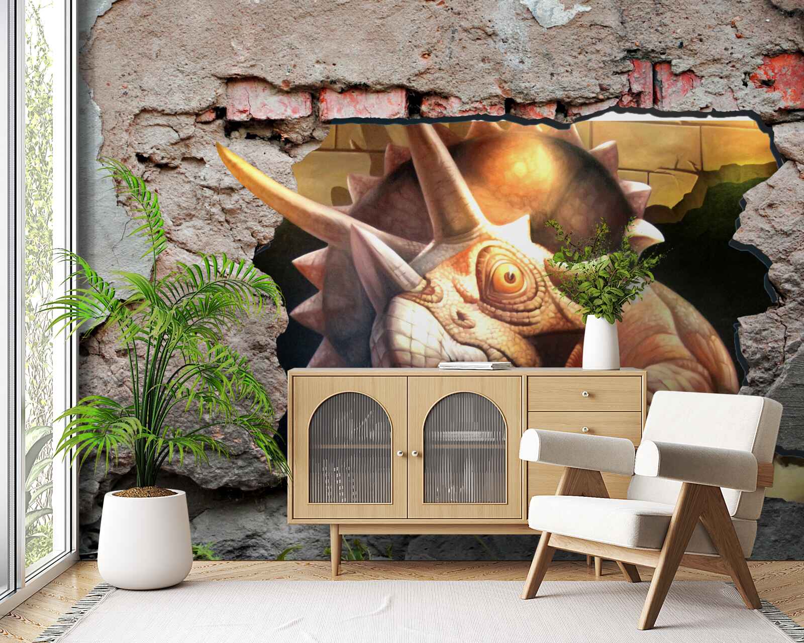 Papier peint Le dinosaure surmonte l'obstacle d'un mur de pierre