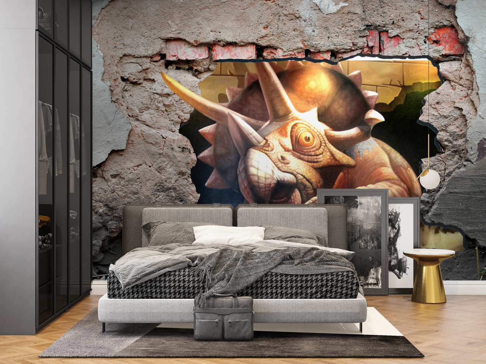 Papier peint Le dinosaure surmonte l'obstacle d'un mur de pierre