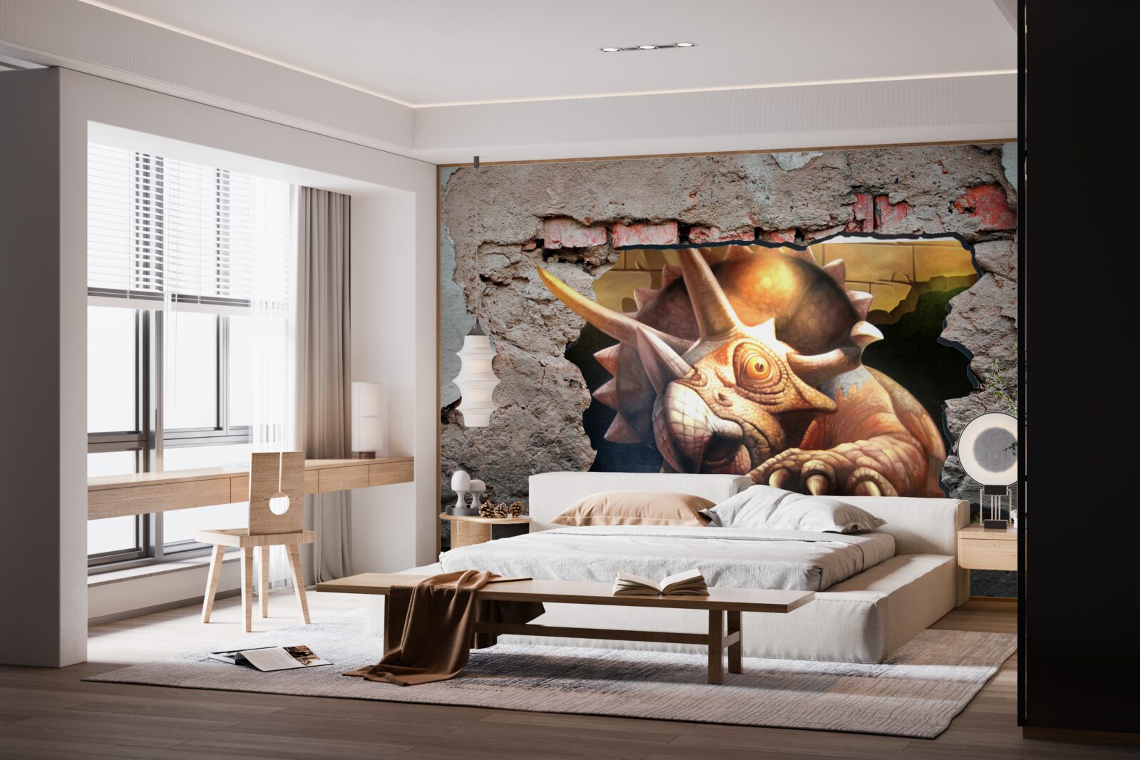 Papier peint Le dinosaure surmonte l'obstacle d'un mur de pierre