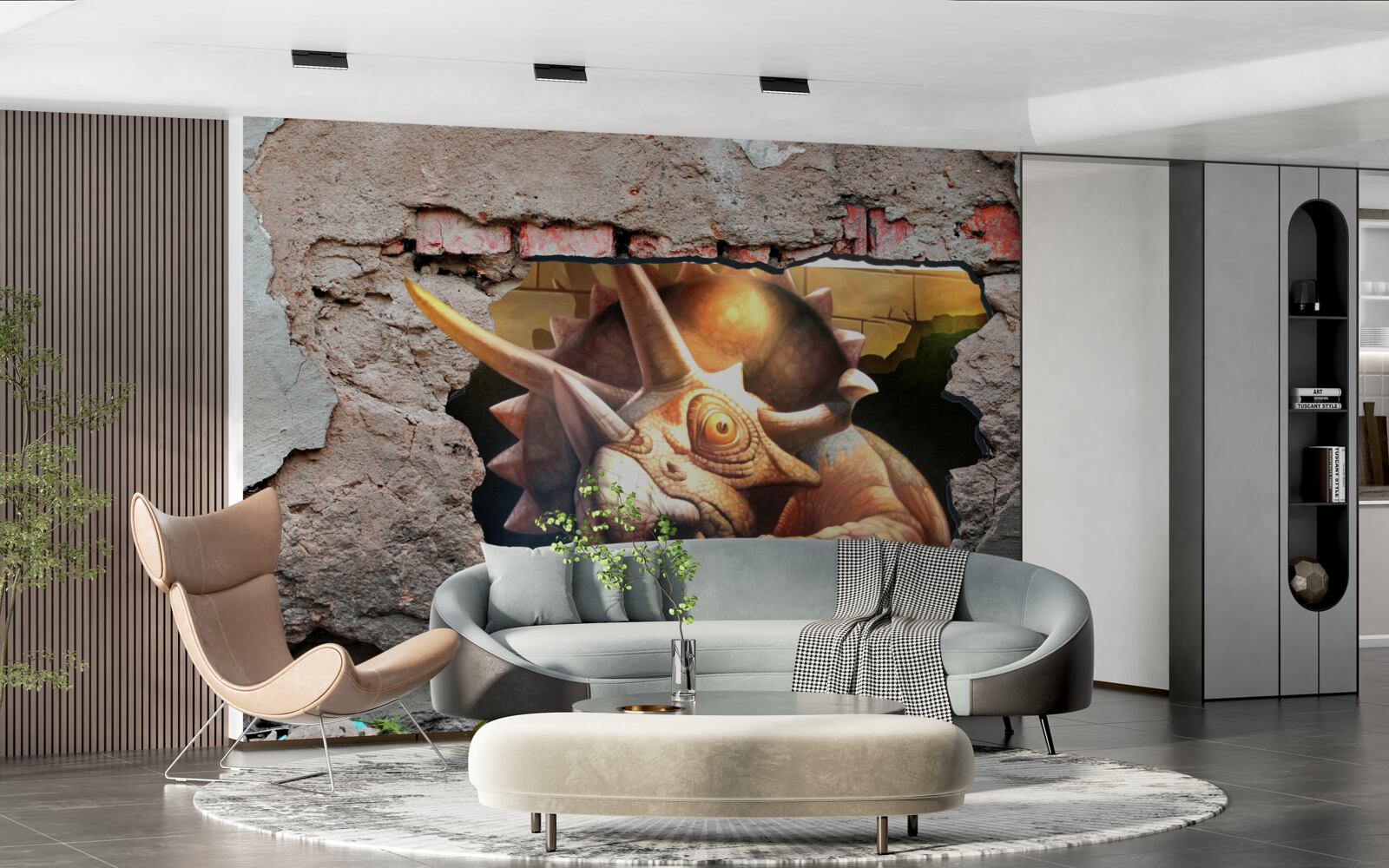 Papier peint Le dinosaure surmonte l'obstacle d'un mur de pierre