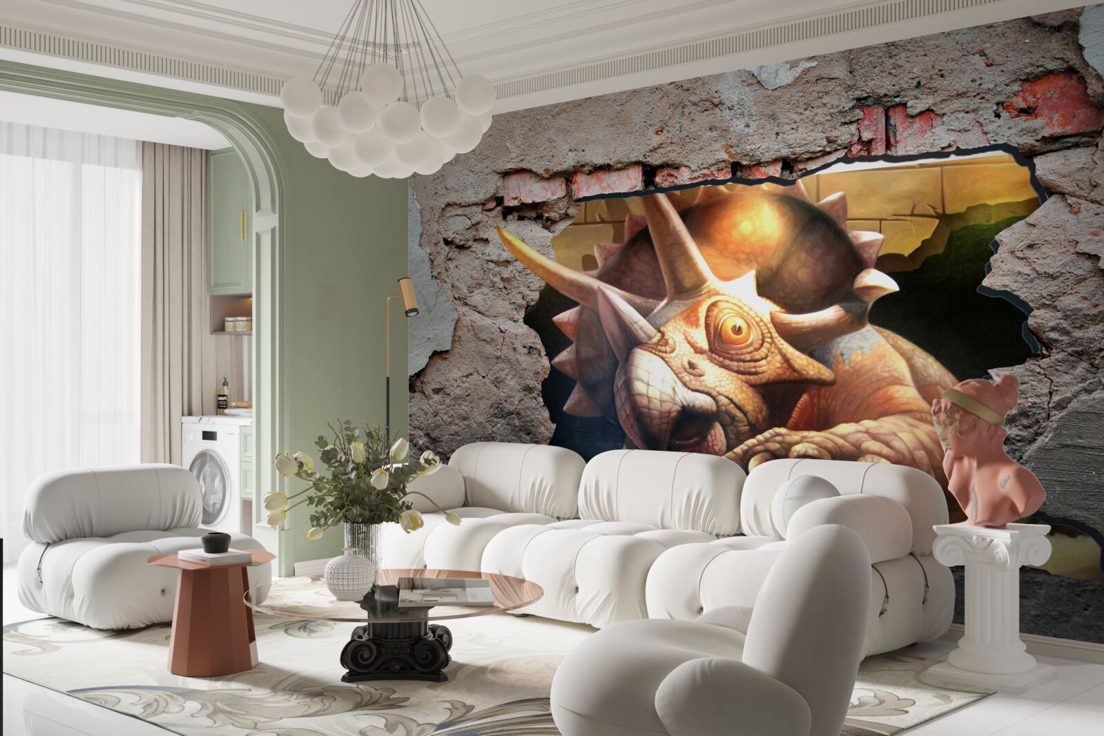 Papier peint Le dinosaure surmonte l'obstacle d'un mur de pierre