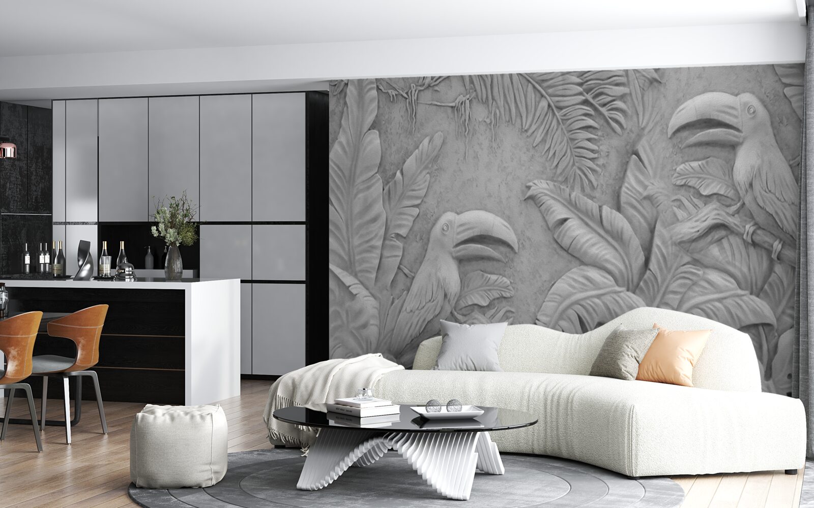 Papier peint bas-relief oiseaux tropicaux dans la forêt