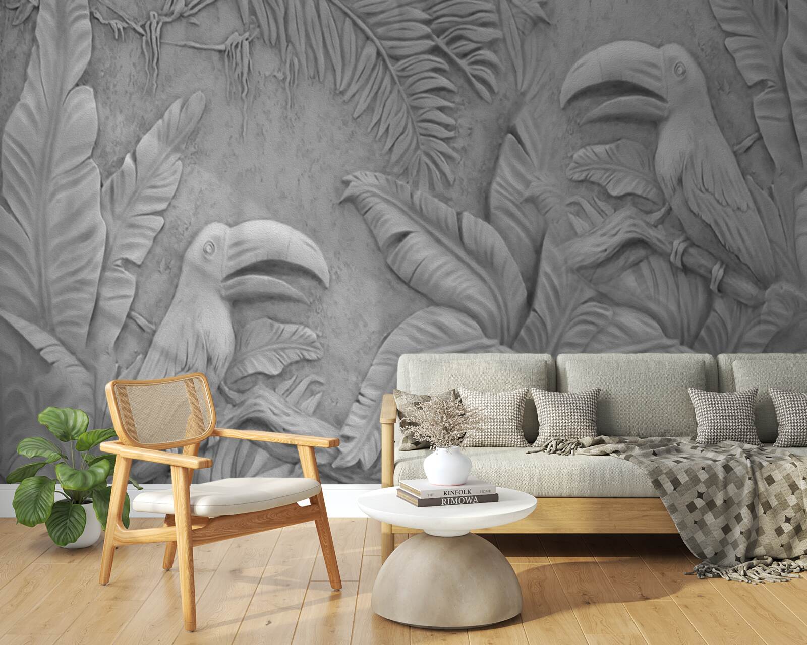 Papier peint bas-relief oiseaux tropicaux dans la forêt