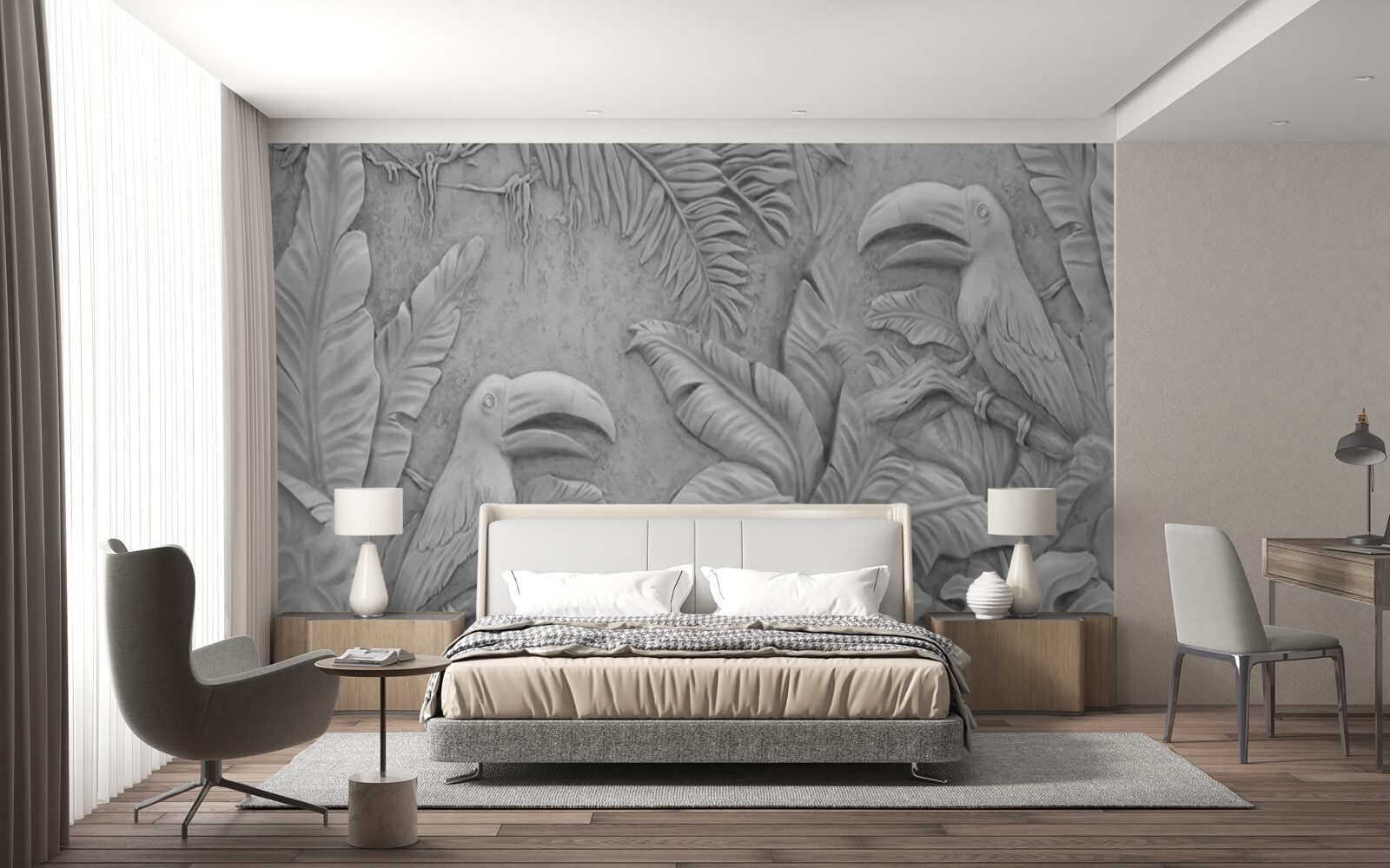 Papier peint bas-relief oiseaux tropicaux dans la forêt