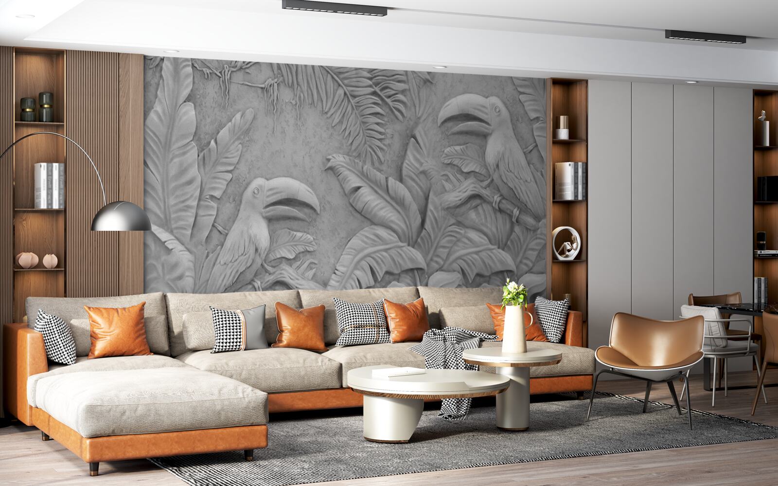 Papier peint bas-relief oiseaux tropicaux dans la forêt