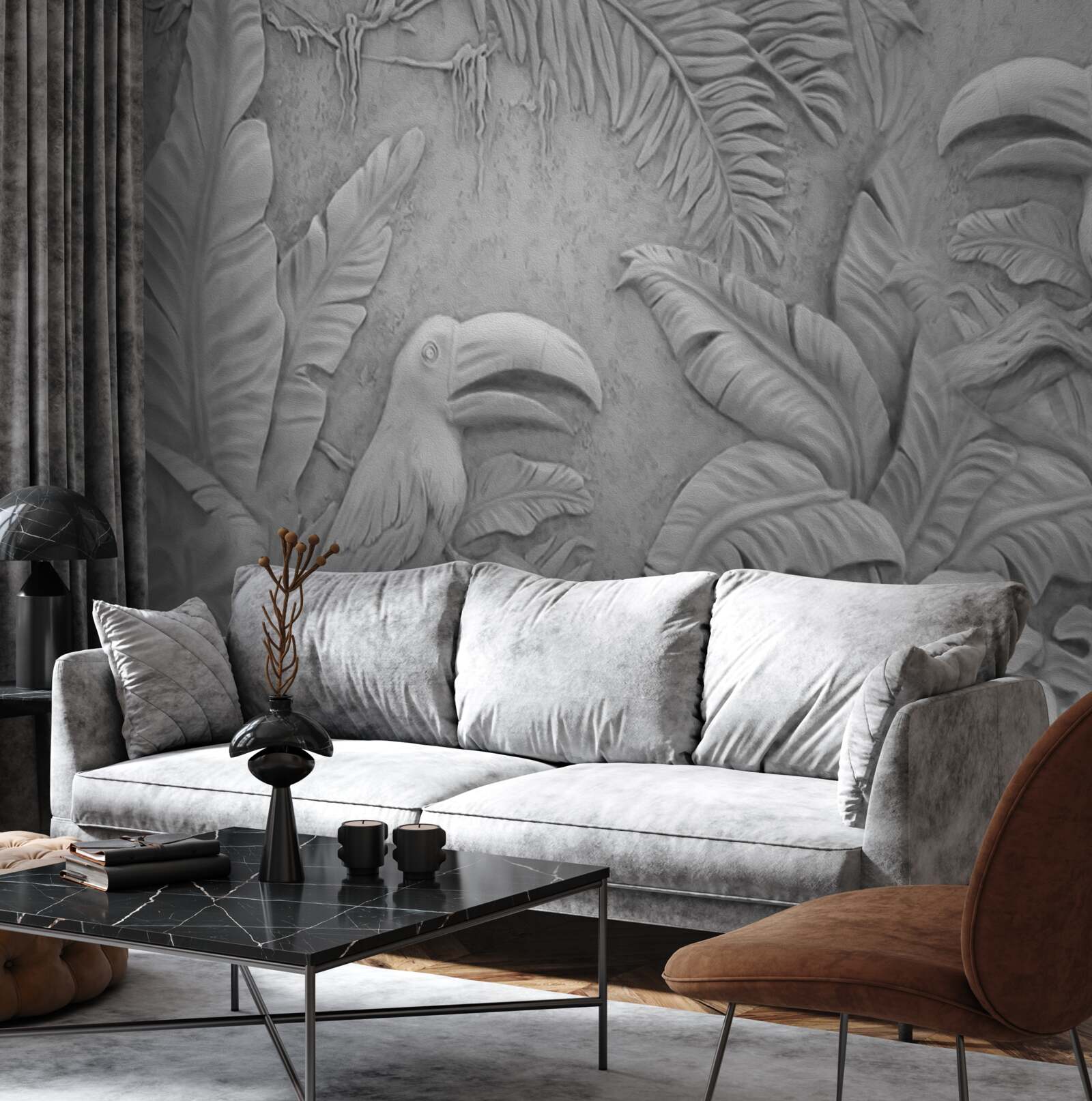 Papier peint bas-relief oiseaux tropicaux dans la forêt