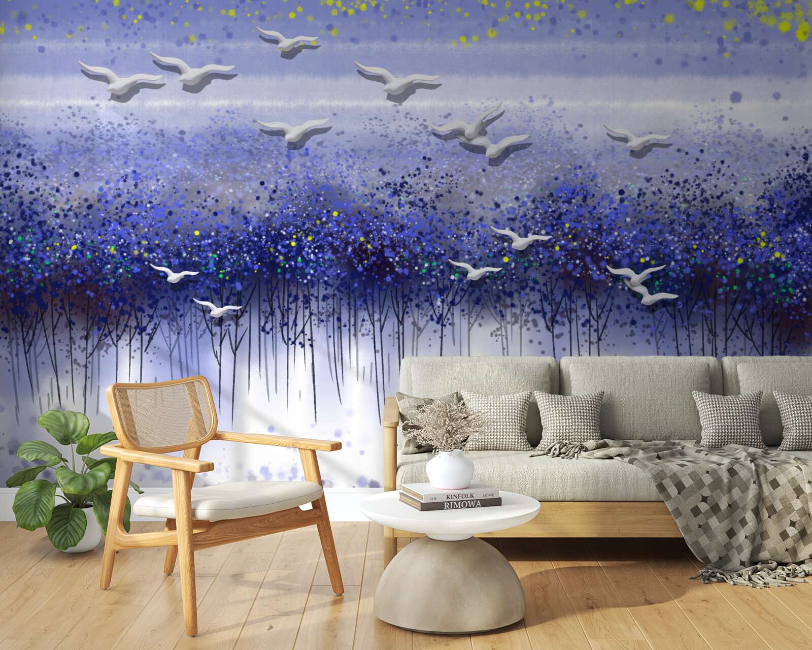 Papier peint une grappe d'oiseaux dans le ciel au-dessus de la forêt et du lac, plongés dans le crépuscule