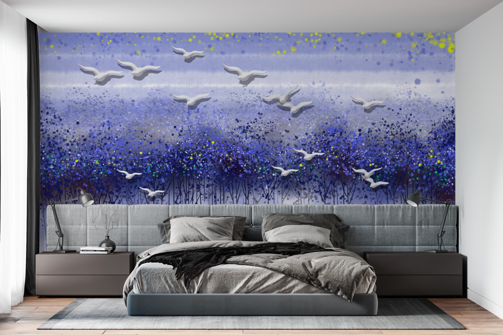 Papier peint une grappe d'oiseaux dans le ciel au-dessus de la forêt et du lac, plongés dans le crépuscule