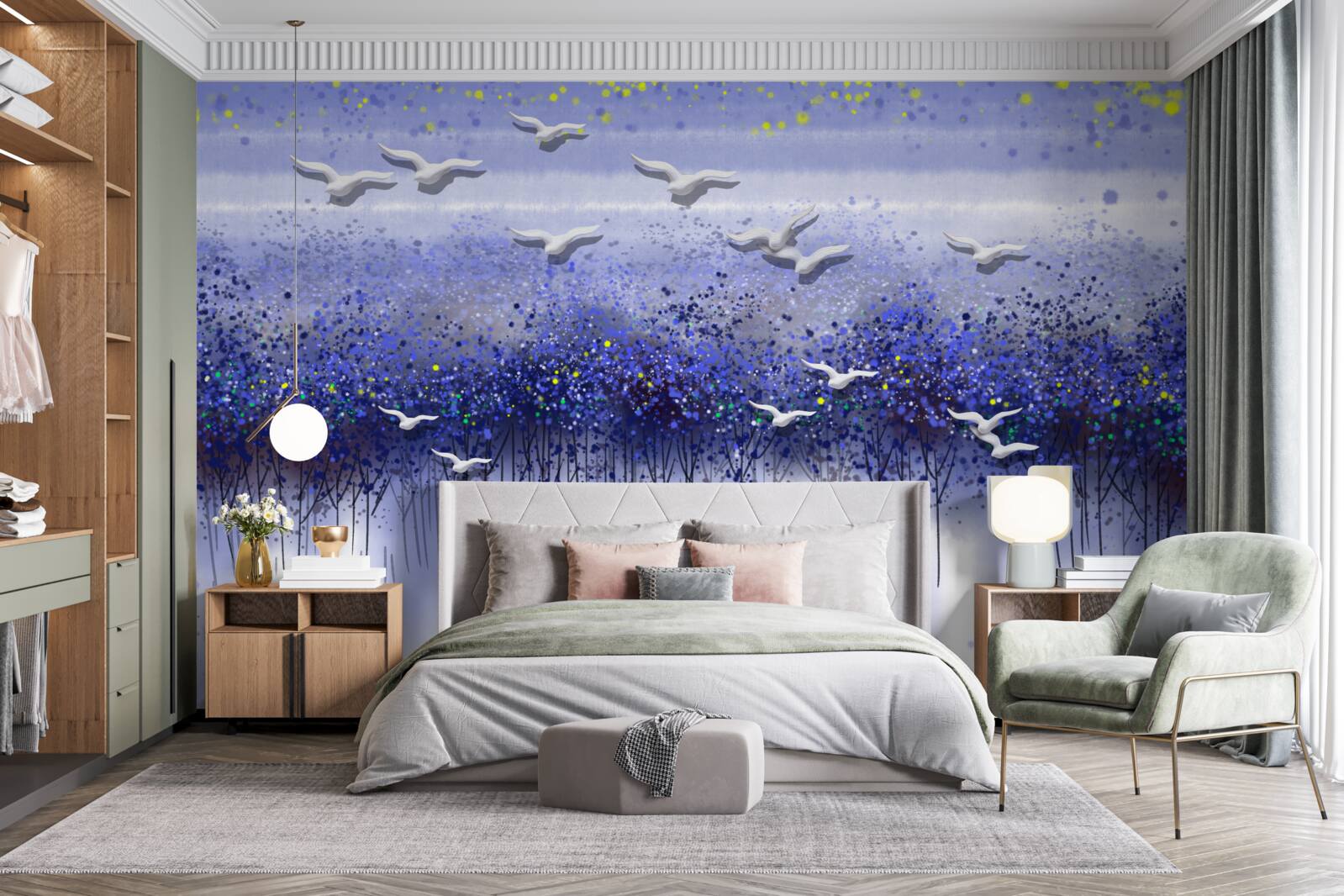 Papier peint une grappe d'oiseaux dans le ciel au-dessus de la forêt et du lac, plongés dans le crépuscule