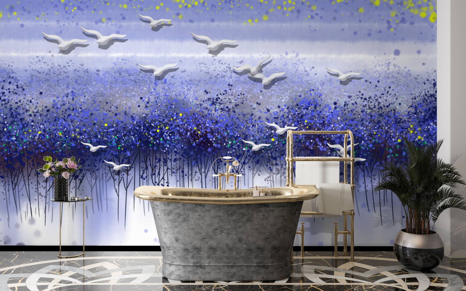 Papier peint une grappe d'oiseaux dans le ciel au-dessus de la forêt et du lac, plongés dans le crépuscule