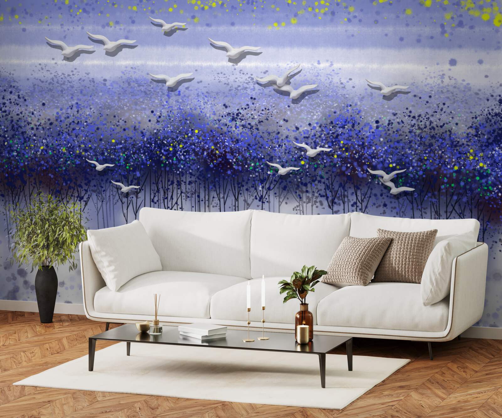 Papier peint une grappe d'oiseaux dans le ciel au-dessus de la forêt et du lac, plongés dans le crépuscule