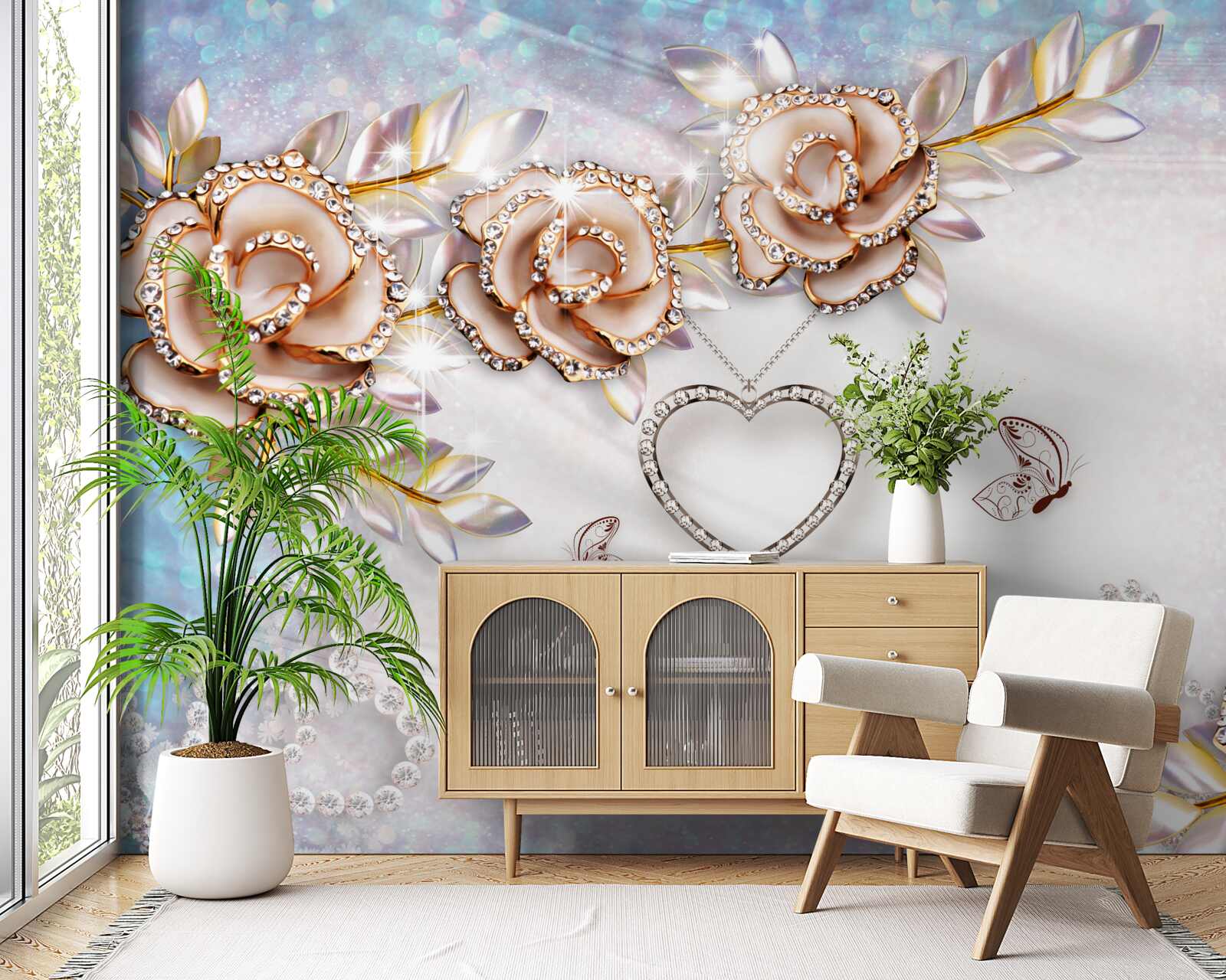 Papier peint des branches de fleurs scintillantes d'or et des cygnes blancs comme la neige